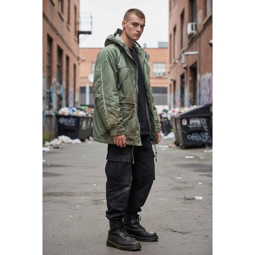 Helly Hansen Helly Tech Parka M Khaki Distressed Utility Jacket Stained Grunge